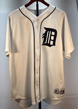 VTG Detroit Tigers Jersey Majestic XL White Home MLB Baseball Sewn Logo 90s 00s